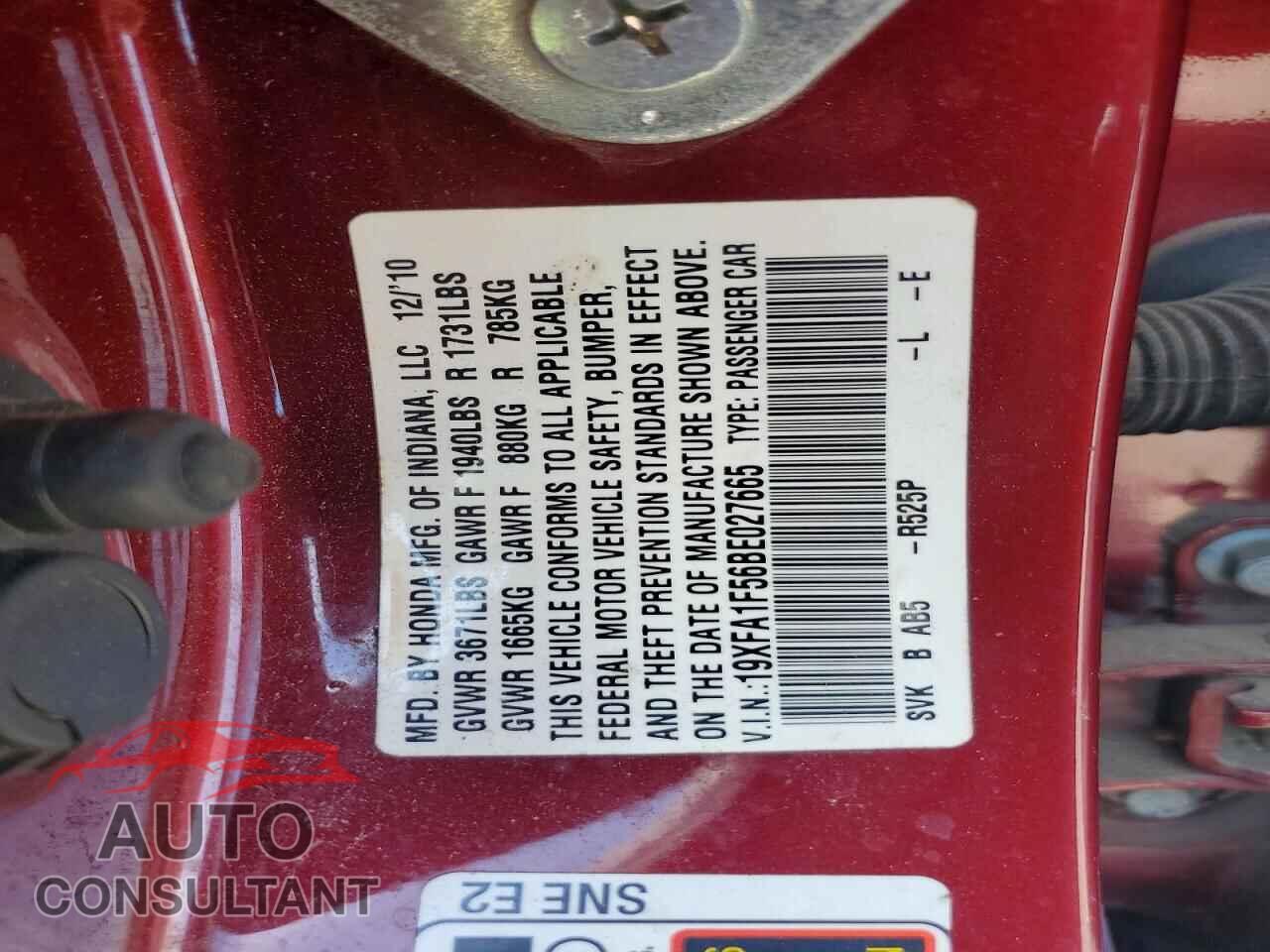 HONDA CIVIC 2011 - 19XFA1F56BE027665