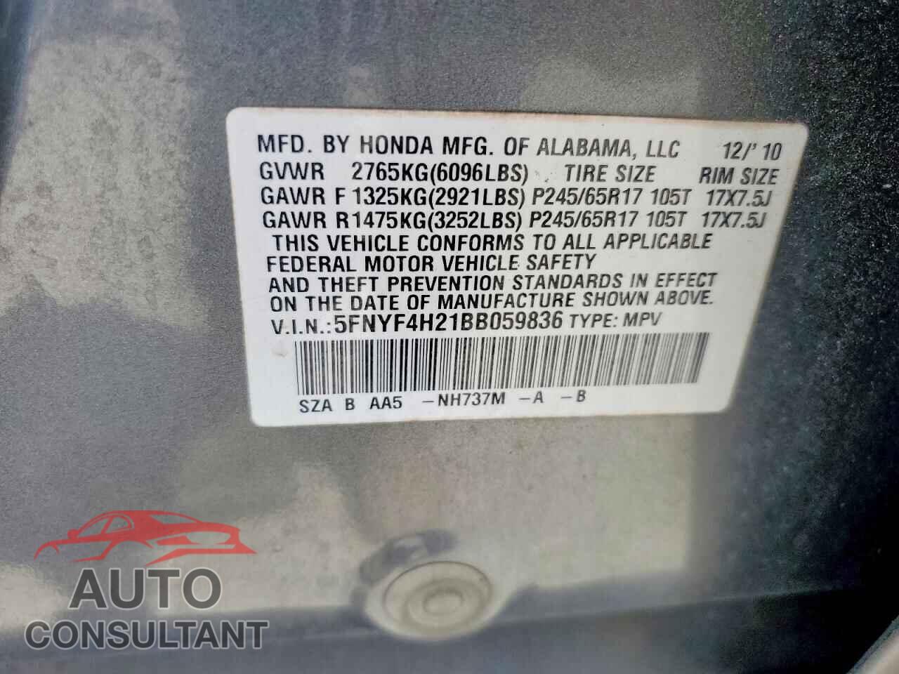 HONDA PILOT 2011 - 5FNYF4H21BB059836