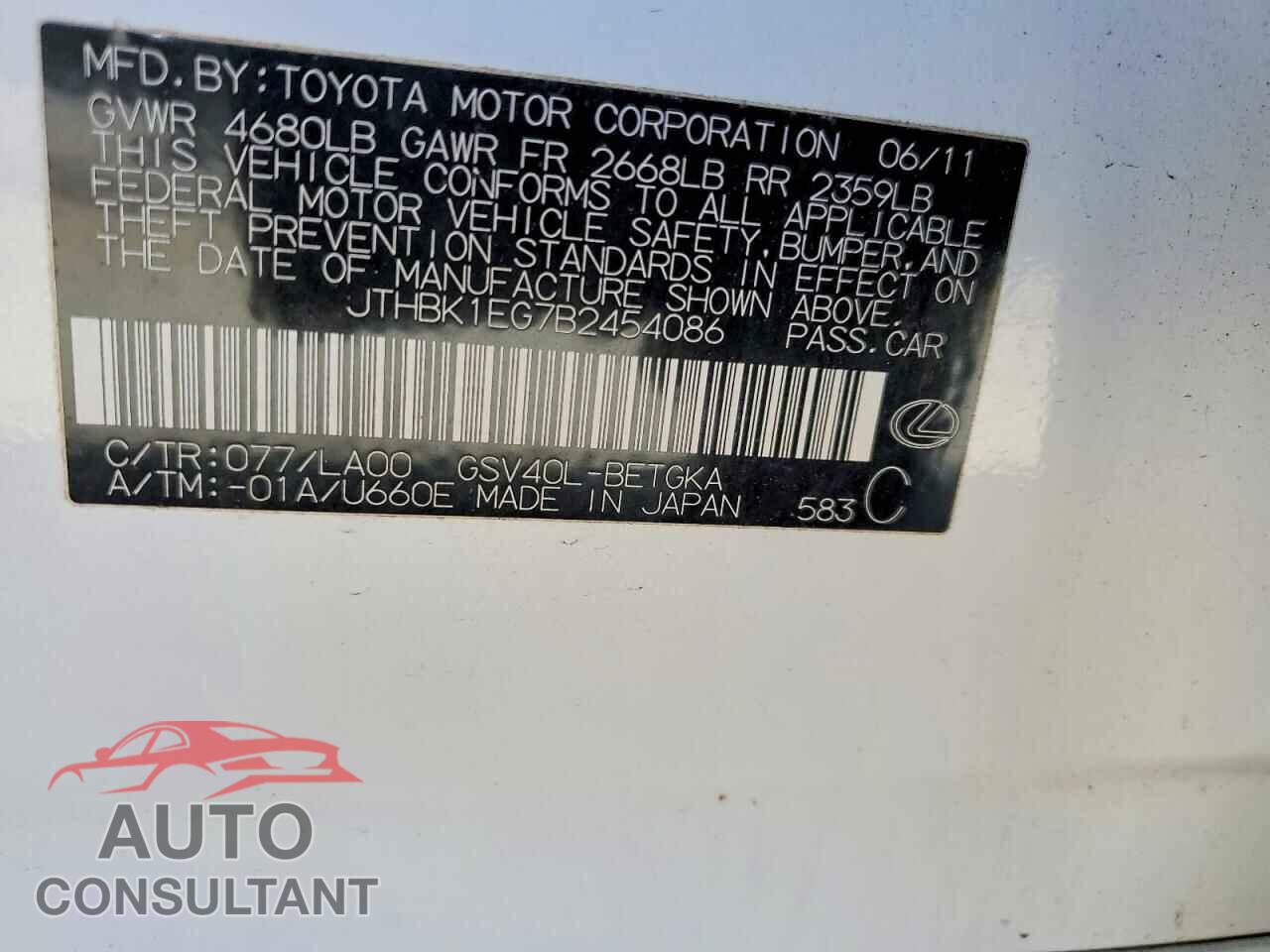 LEXUS ES350 2011 - JTHBK1EG7B2454086