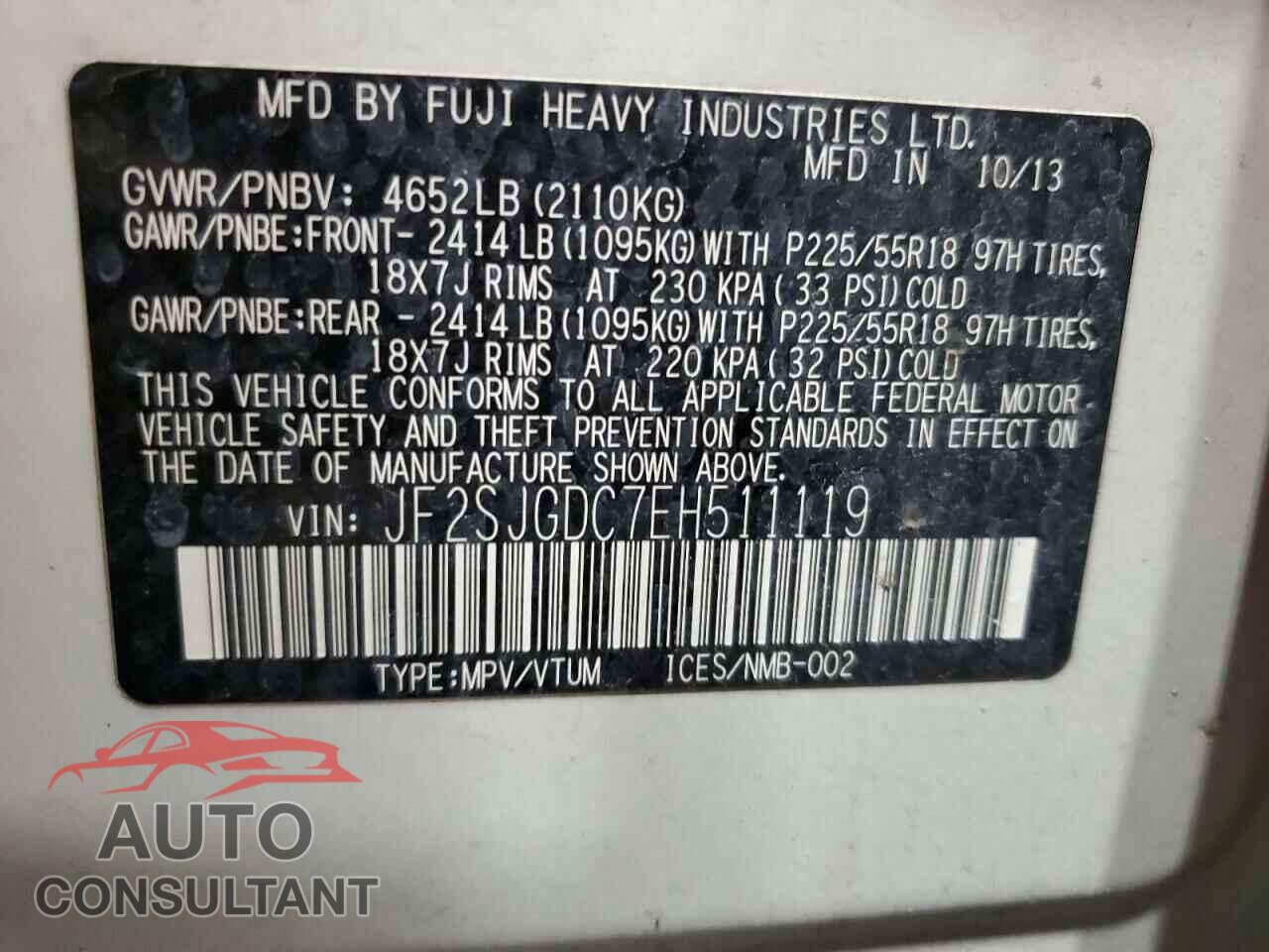 SUBARU FORESTER 2014 - JF2SJGDC7EH511119