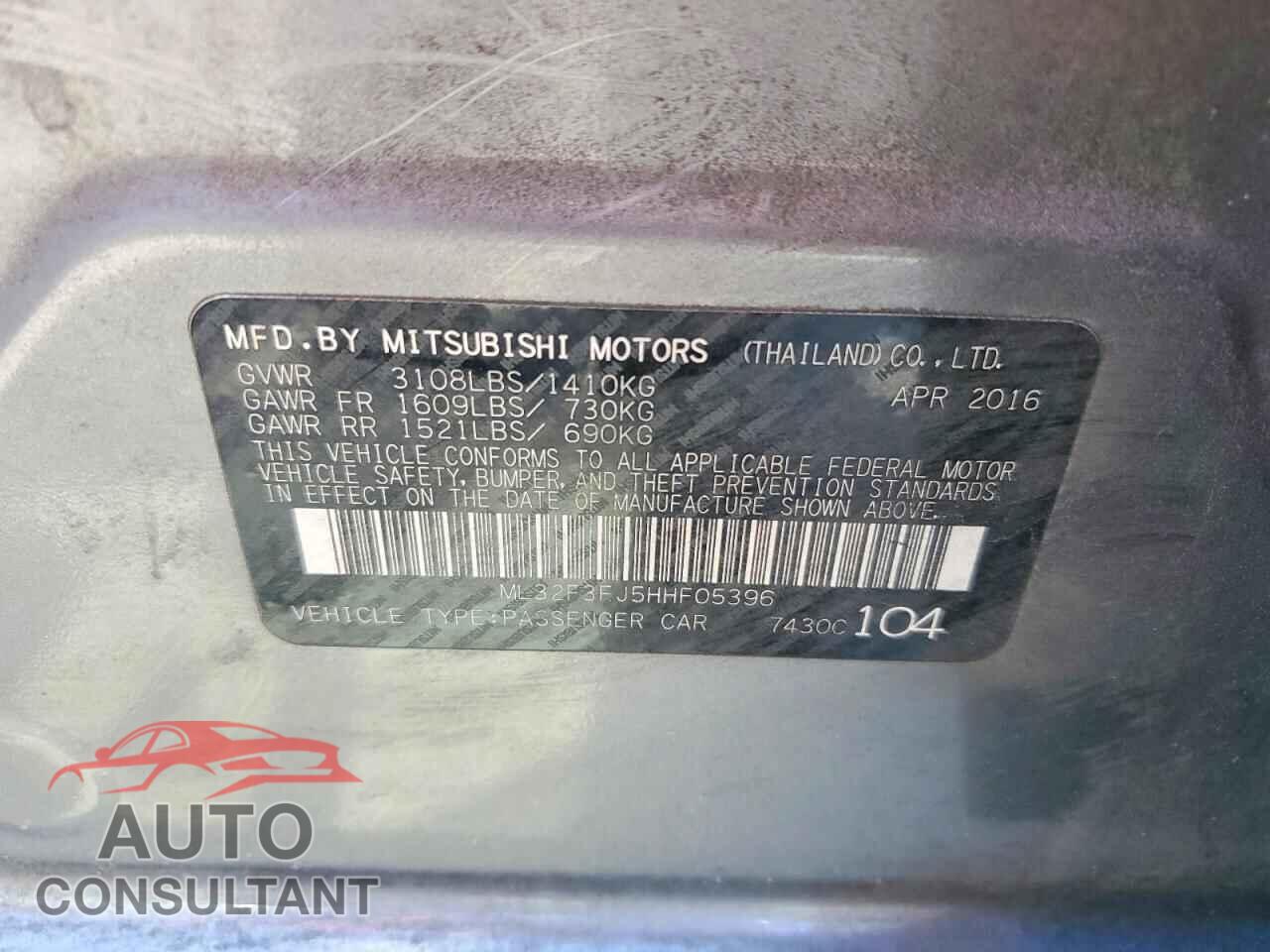 MITSUBISHI MIRAGE 2017 - ML32F3FJ5HHF05396