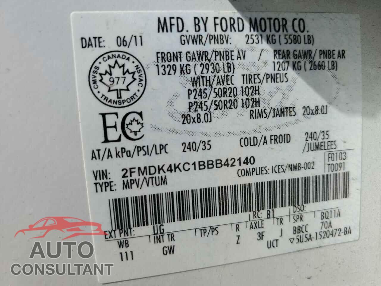 FORD EDGE 2011 - 2FMDK4KC1BBB42140