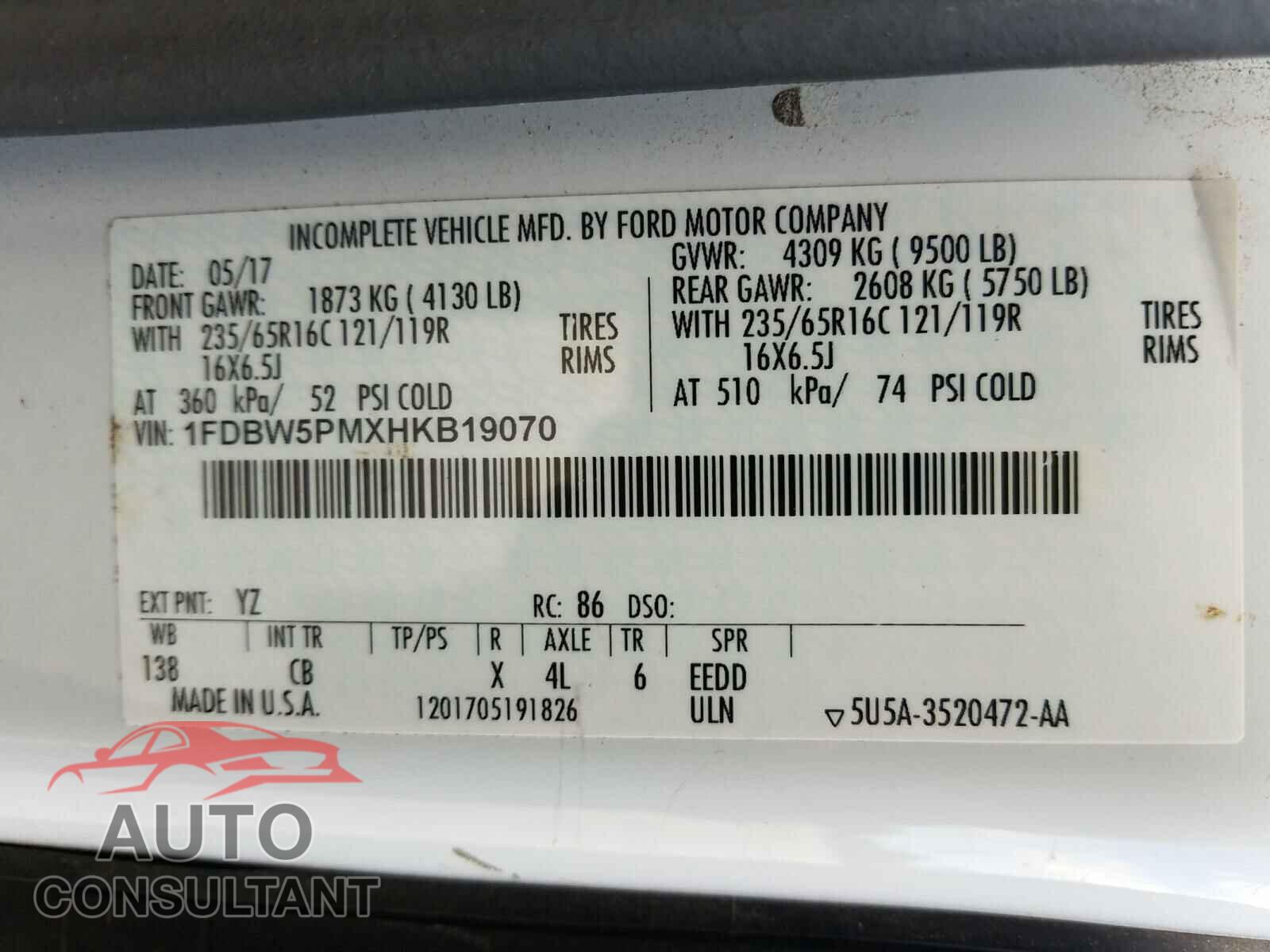 FORD TRANSIT CO 2017 - 1FDBW5PMXHKB19070