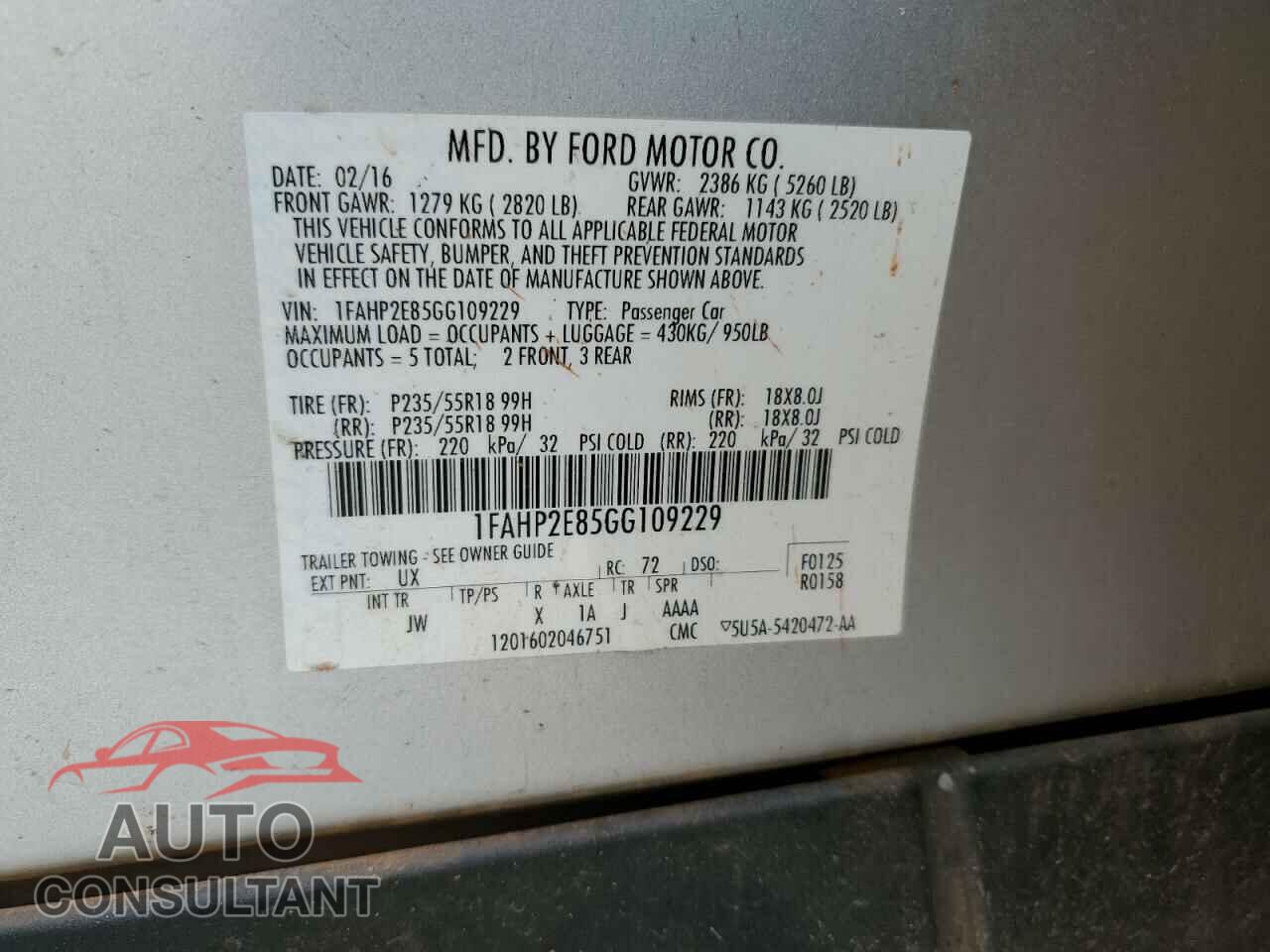 FORD TAURUS 2016 - 1FAHP2E85GG109229