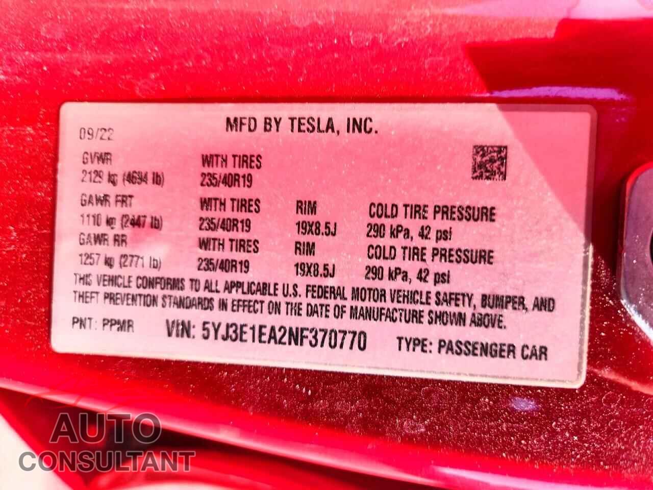 TESLA MODEL 3 2022 - 5YJ3E1EA2NF370770