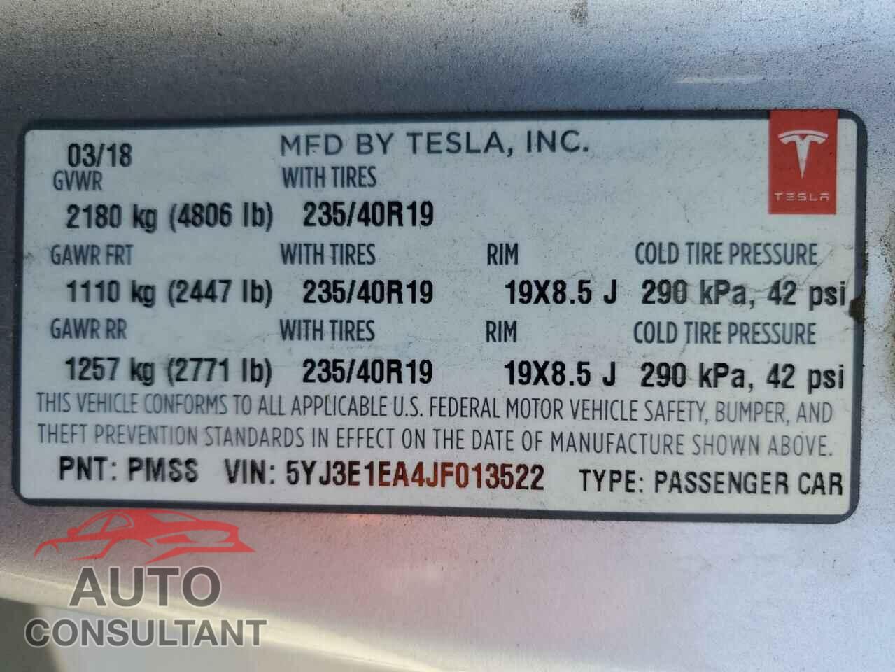 TESLA MODEL 3 2018 - 5YJ3E1EA4JF013522