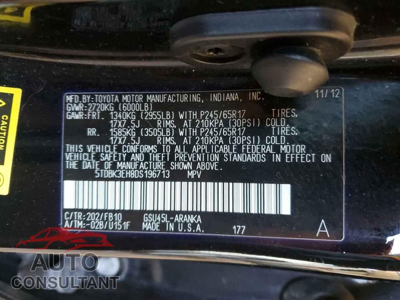TOYOTA HIGHLANDER 2013 - 5TDBK3EH8DS196713