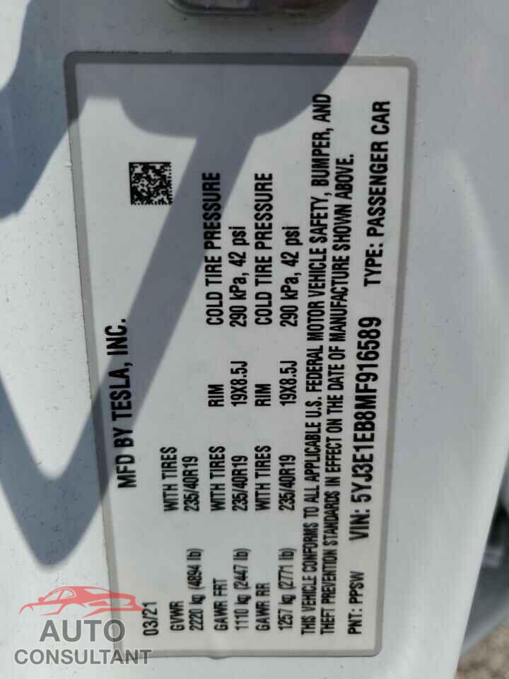TESLA MODEL 3 2021 - 5YJ3E1EB8MF916589