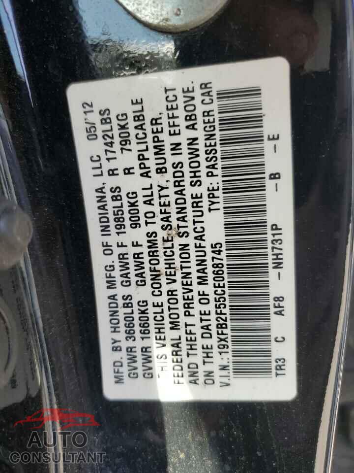 HONDA CIVIC 2012 - 19XFB2F55CE068745