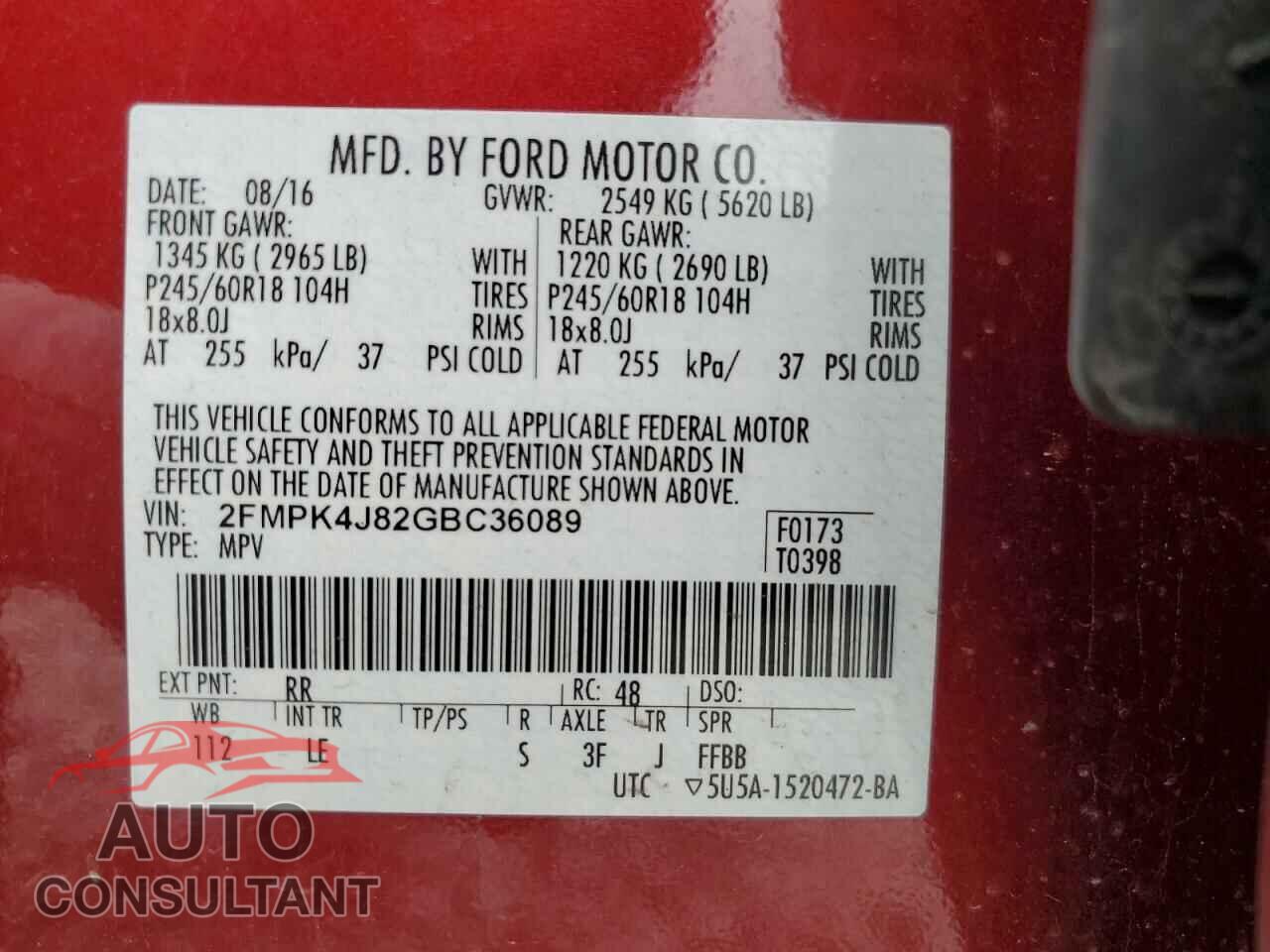 FORD EDGE 2016 - 2FMPK4J82GBC36089