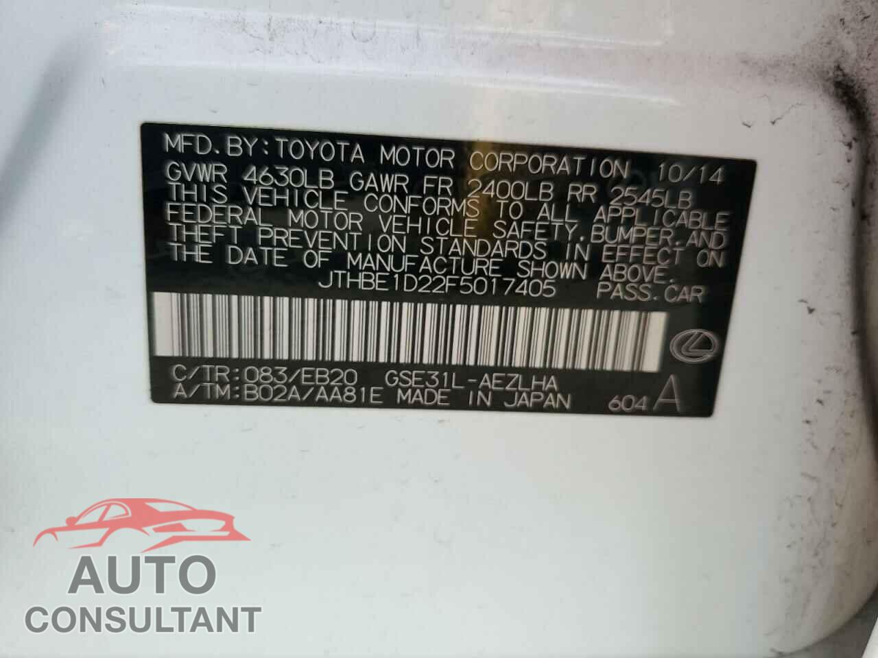 LEXUS IS 2015 - JTHBE1D22F5017405