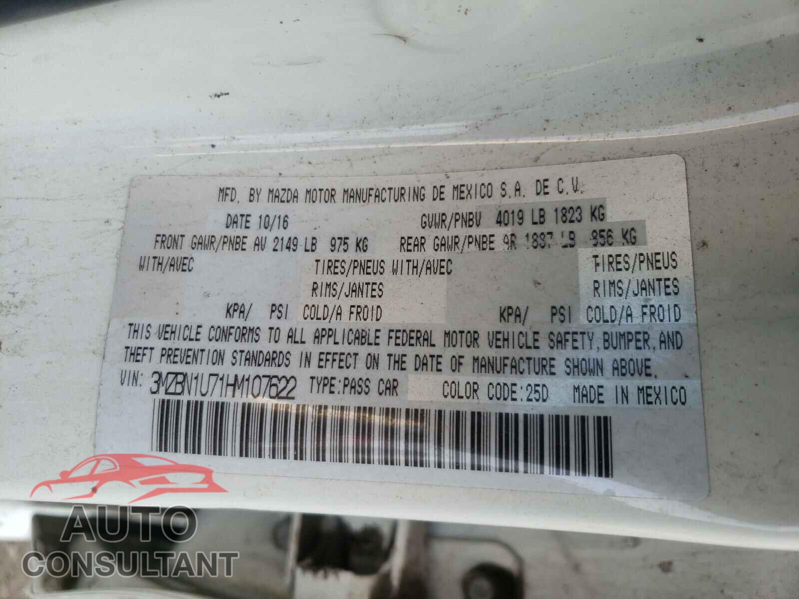 MAZDA 3 2017 - 3MZBN1U71HM107622
