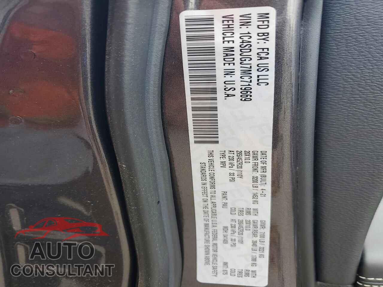 DODGE DURANGO 2021 - 1C4SDJGJ7MC719669