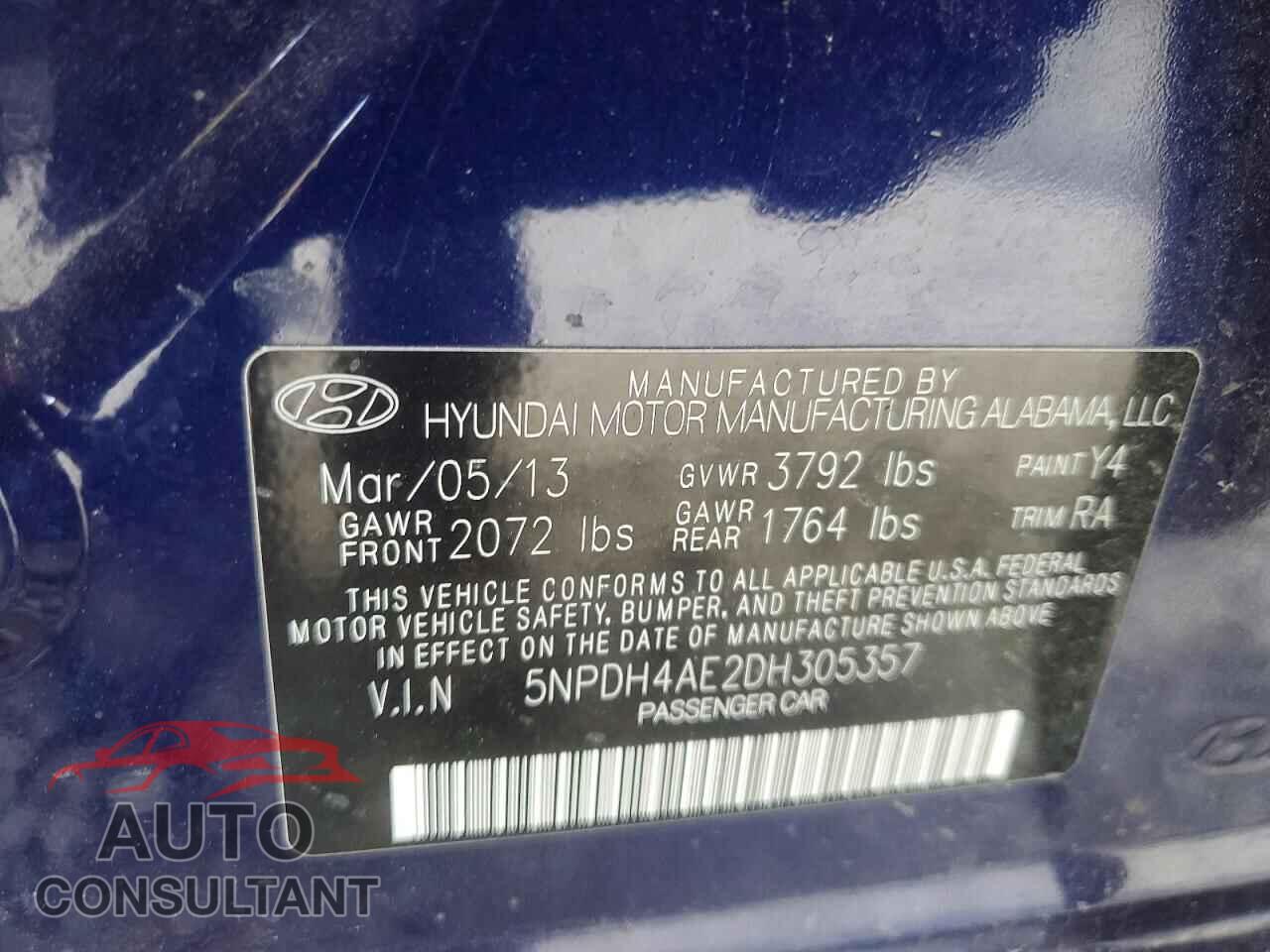 HYUNDAI ELANTRA 2013 - 5NPDH4AE2DH305357