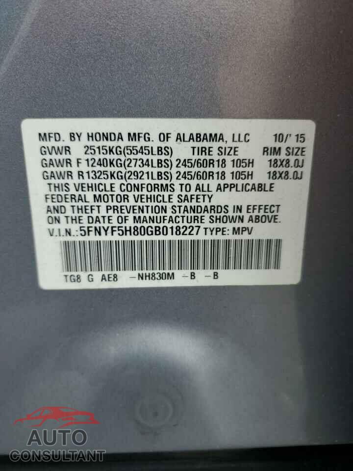 HONDA PILOT 2016 - 5FNYF5H80GB018227