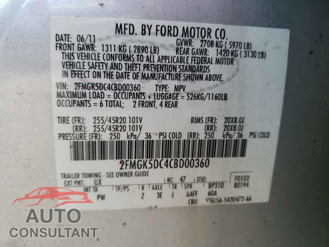 FORD FLEX 2012 - 2FMGK5DC4CBD00360