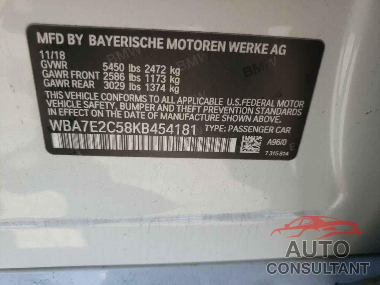 BMW 7 SERIES 2019 - WBA7E2C58KB454181