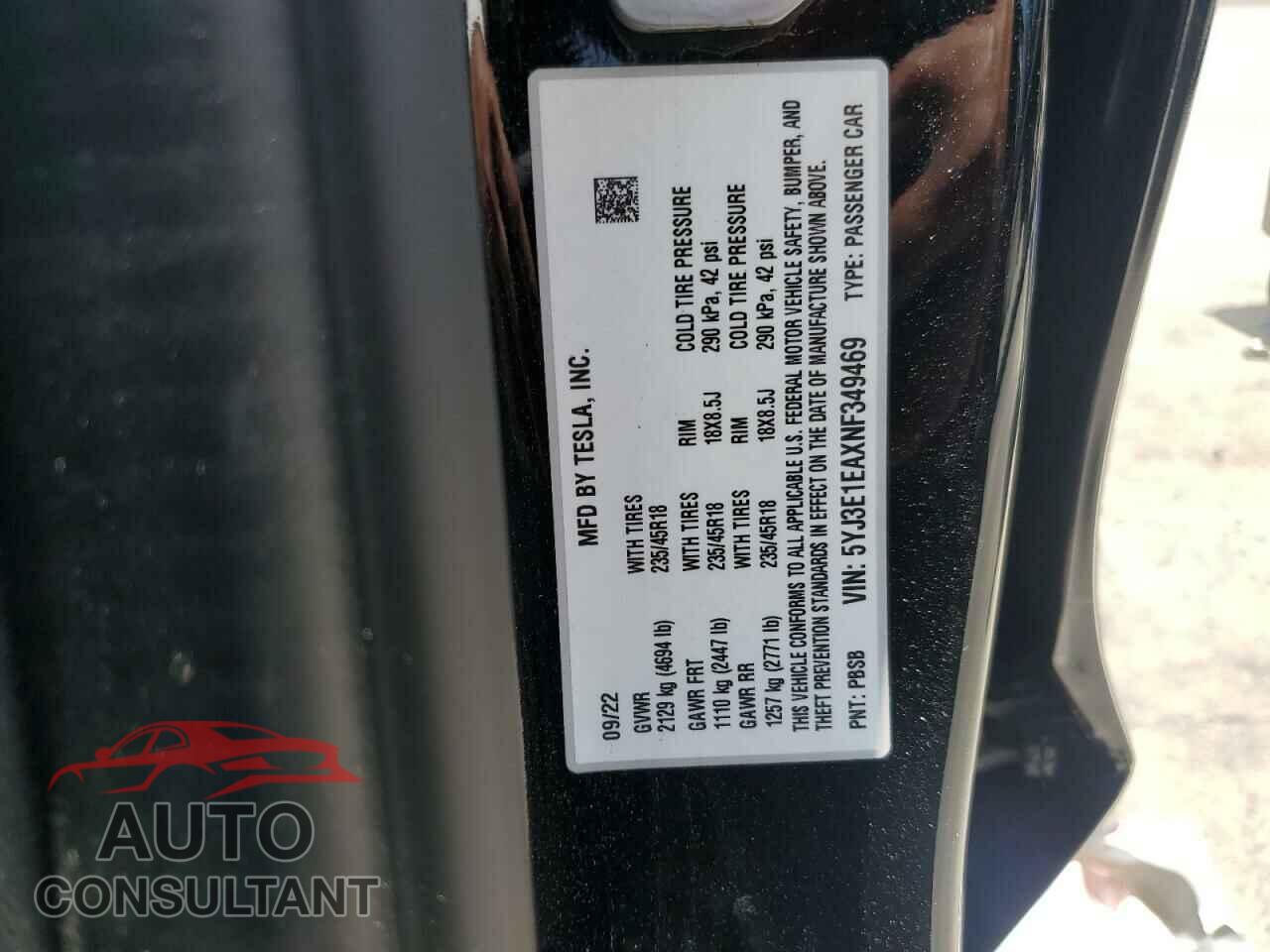 TESLA MODEL 3 2022 - 5YJ3E1EAXNF349469