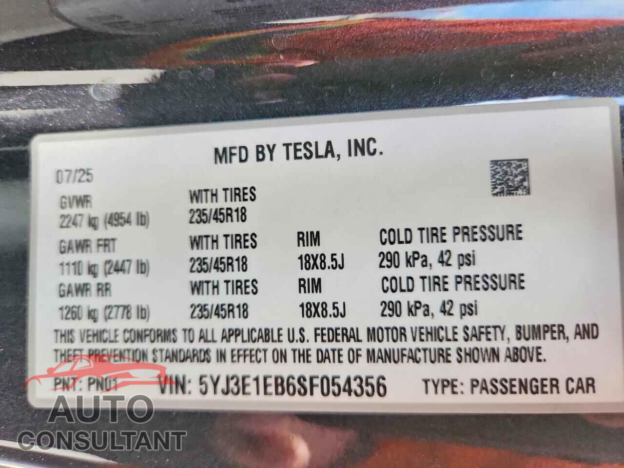 TESLA MODEL 3 2025 - 5YJ3E1EB6SF054356