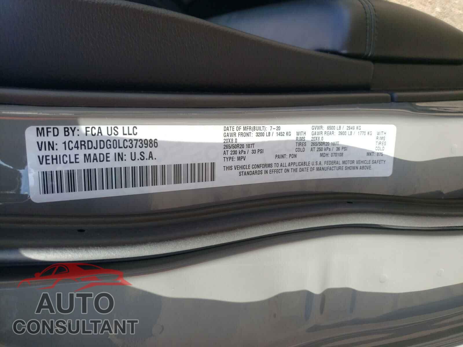 DODGE DURANGO 2020 - 1C4RDJDG0LC373986