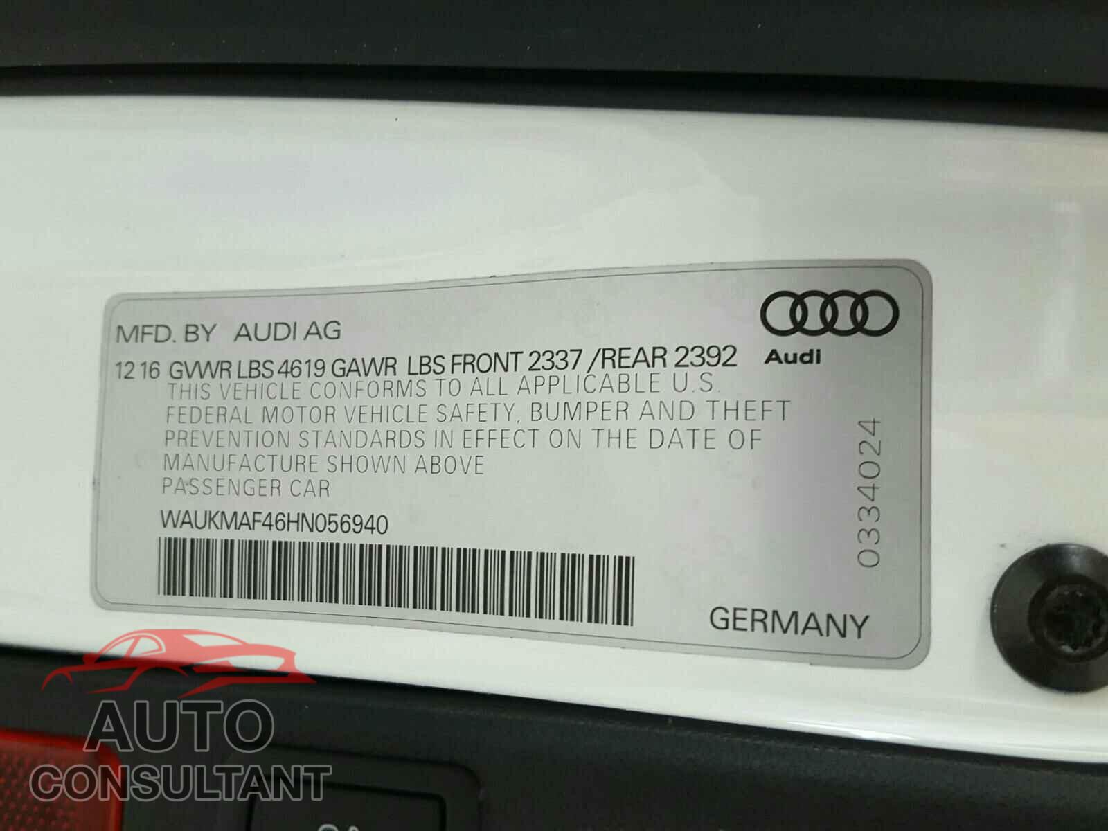 AUDI A4 2017 - WAUKMAF46HN056940