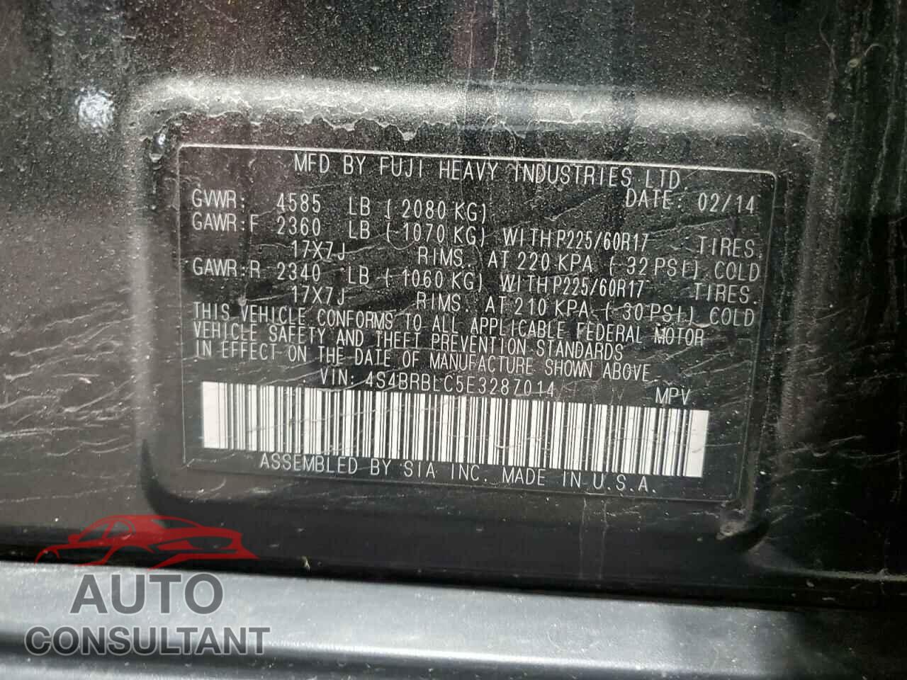 SUBARU OUTBACK 2014 - 4S4BRBLC5E3287014