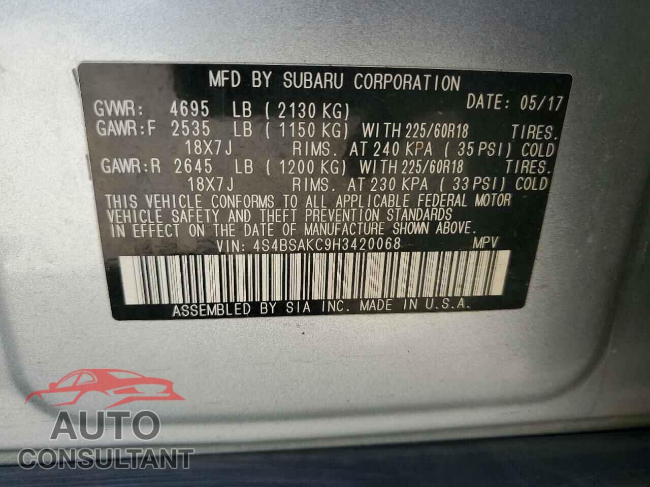 SUBARU OUTBACK 2017 - 4S4BSAKC9H3420068