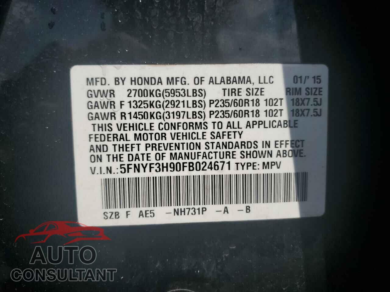 HONDA PILOT 2015 - 5FNYF3H90FB024671