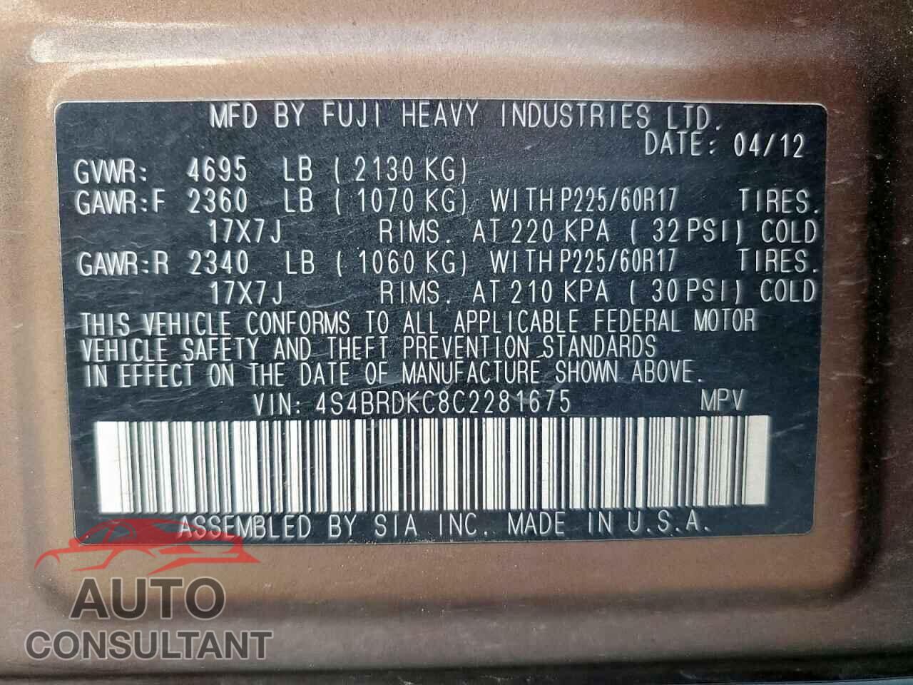 SUBARU OUTBACK 2012 - 4S4BRDKC8C2281675