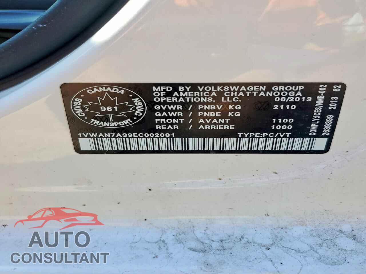 VOLKSWAGEN PASSAT 2014 - 1VWAN7A39EC002081