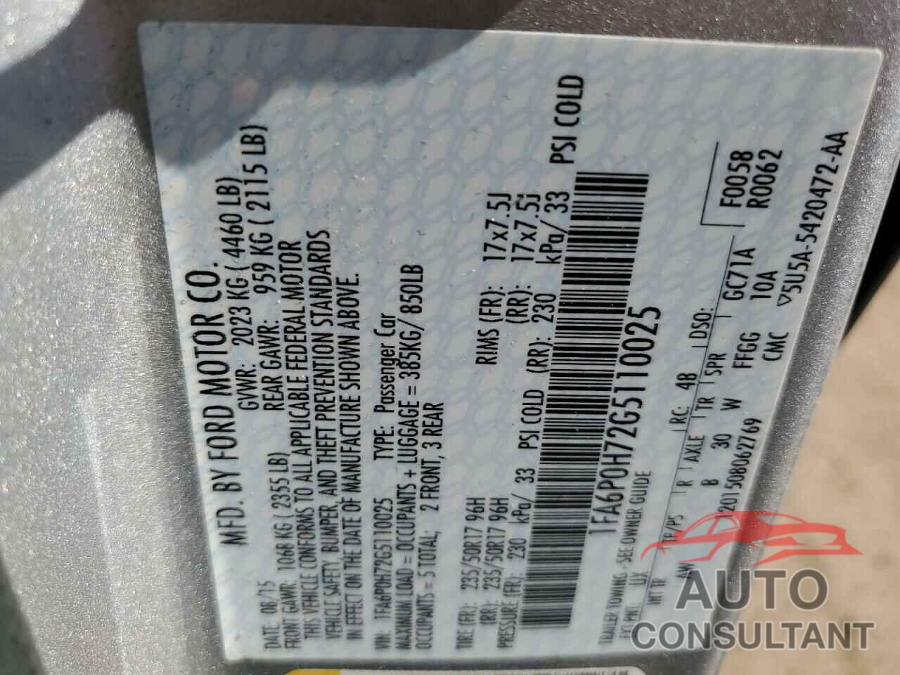 FORD FUSION 2016 - 1FA6P0H72G5110025