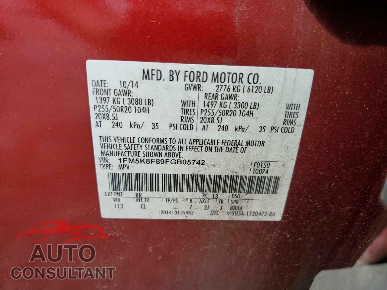 FORD EXPLORER 2015 - 1FM5K8F89FGB05742