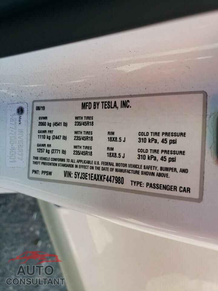 TESLA MODEL 3 2019 - 5YJ3E1EAXKF447980