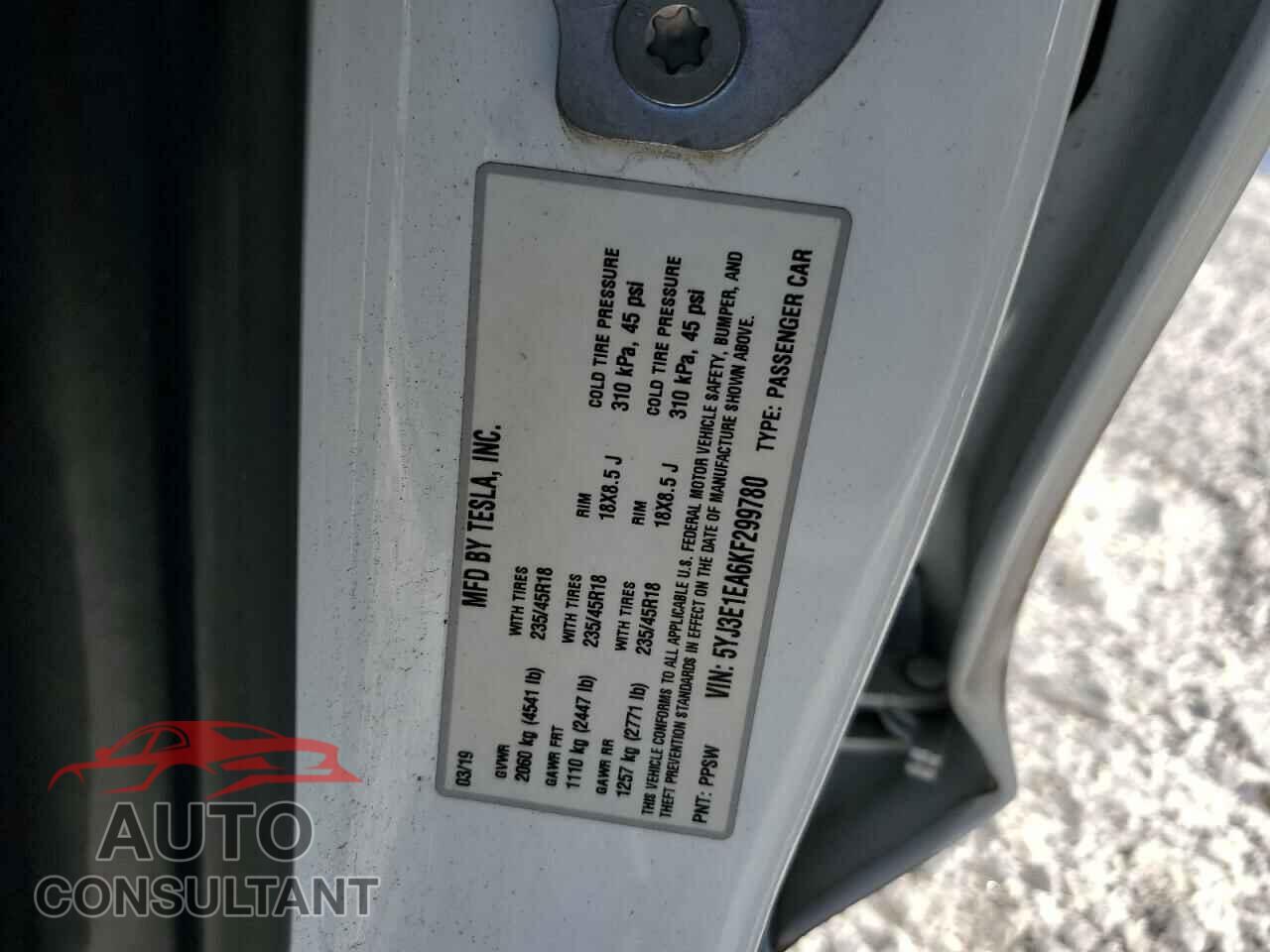 TESLA MODEL 3 2019 - 5YJ3E1EA6KF299780