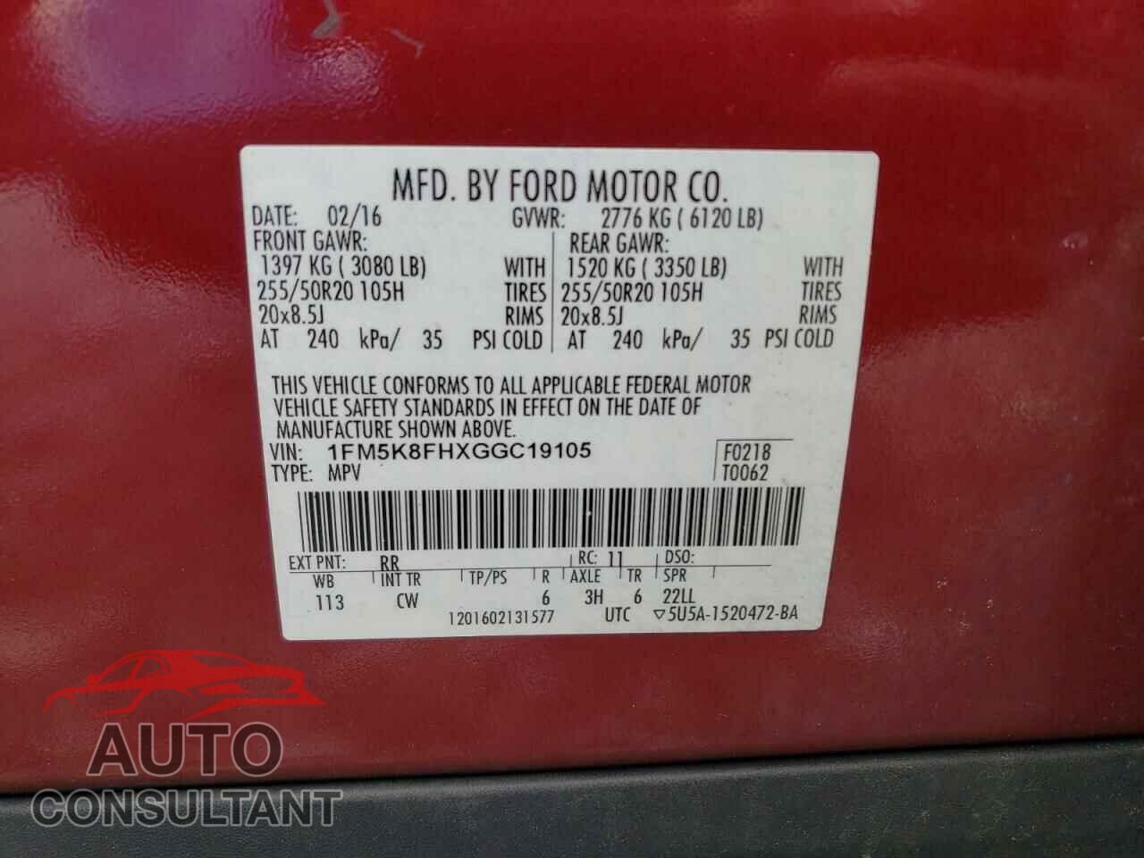 FORD EXPLORER 2016 - 1FM5K8FHXGGC19105