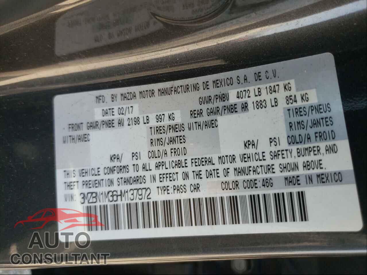 MAZDA 3 2017 - 3MZBN1M36HM137972