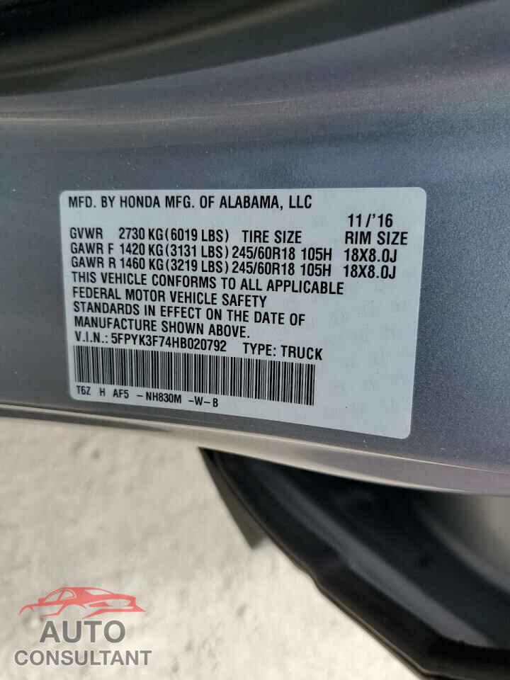 HONDA RIDGELINE 2017 - 5FPYK3F74HB020792