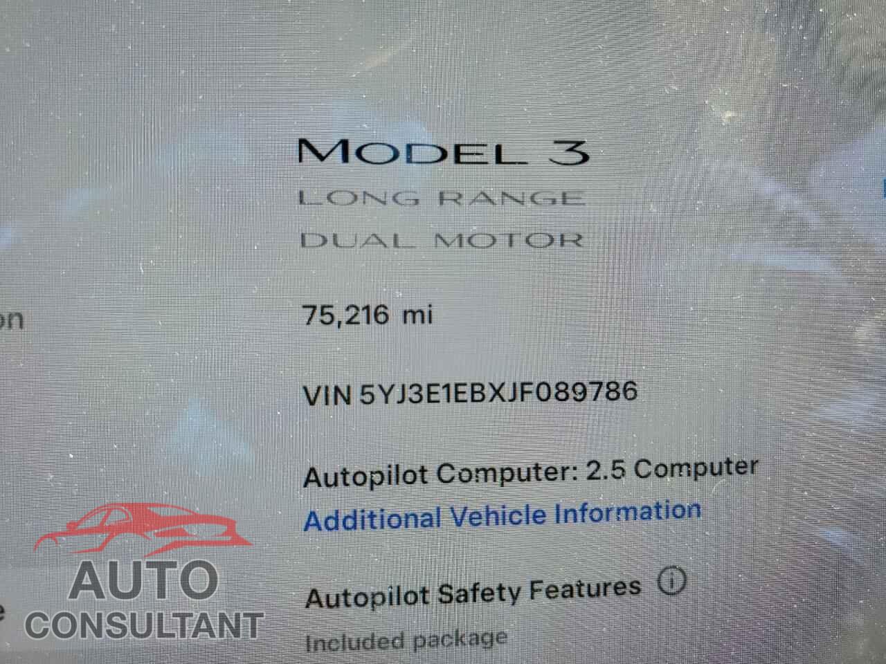 TESLA MODEL 3 2018 - 5YJ3E1EBXJF089786