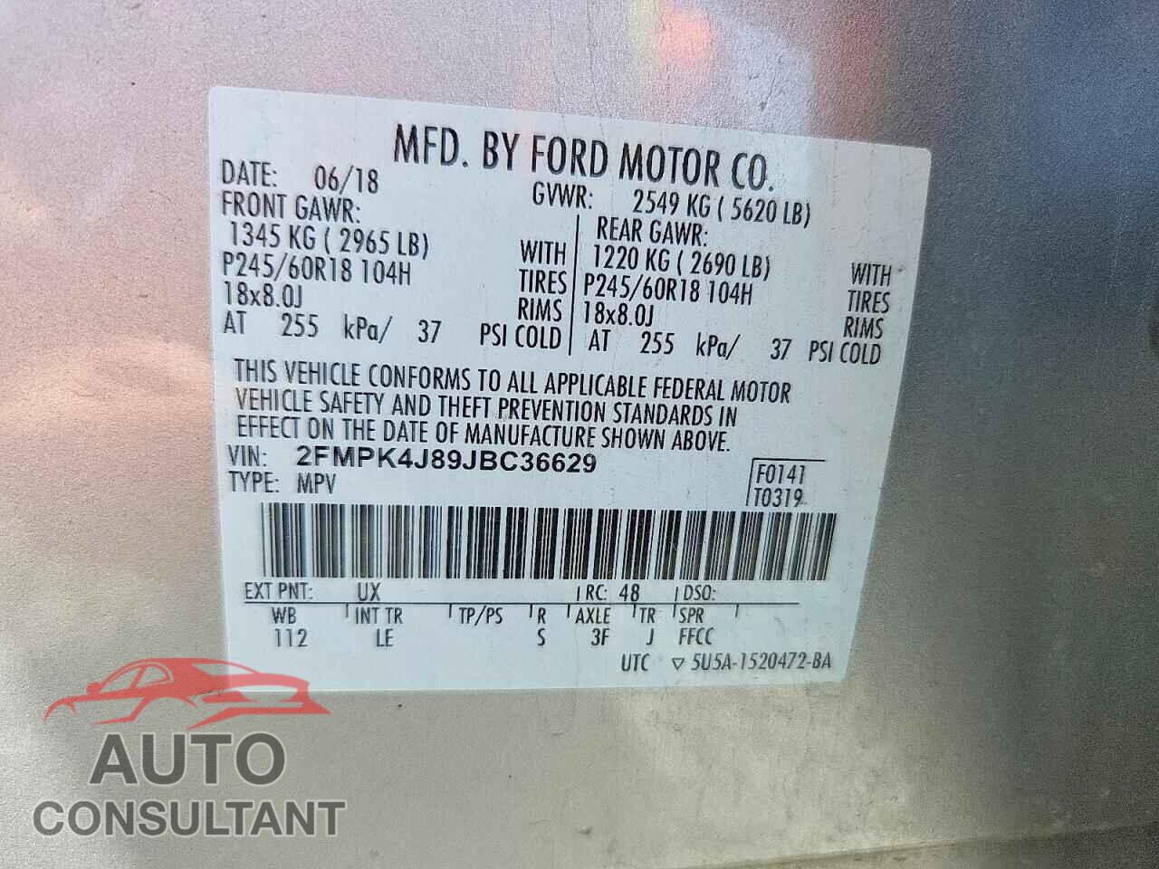 FORD EDGE 2018 - 2FMPK4J89JBC36629