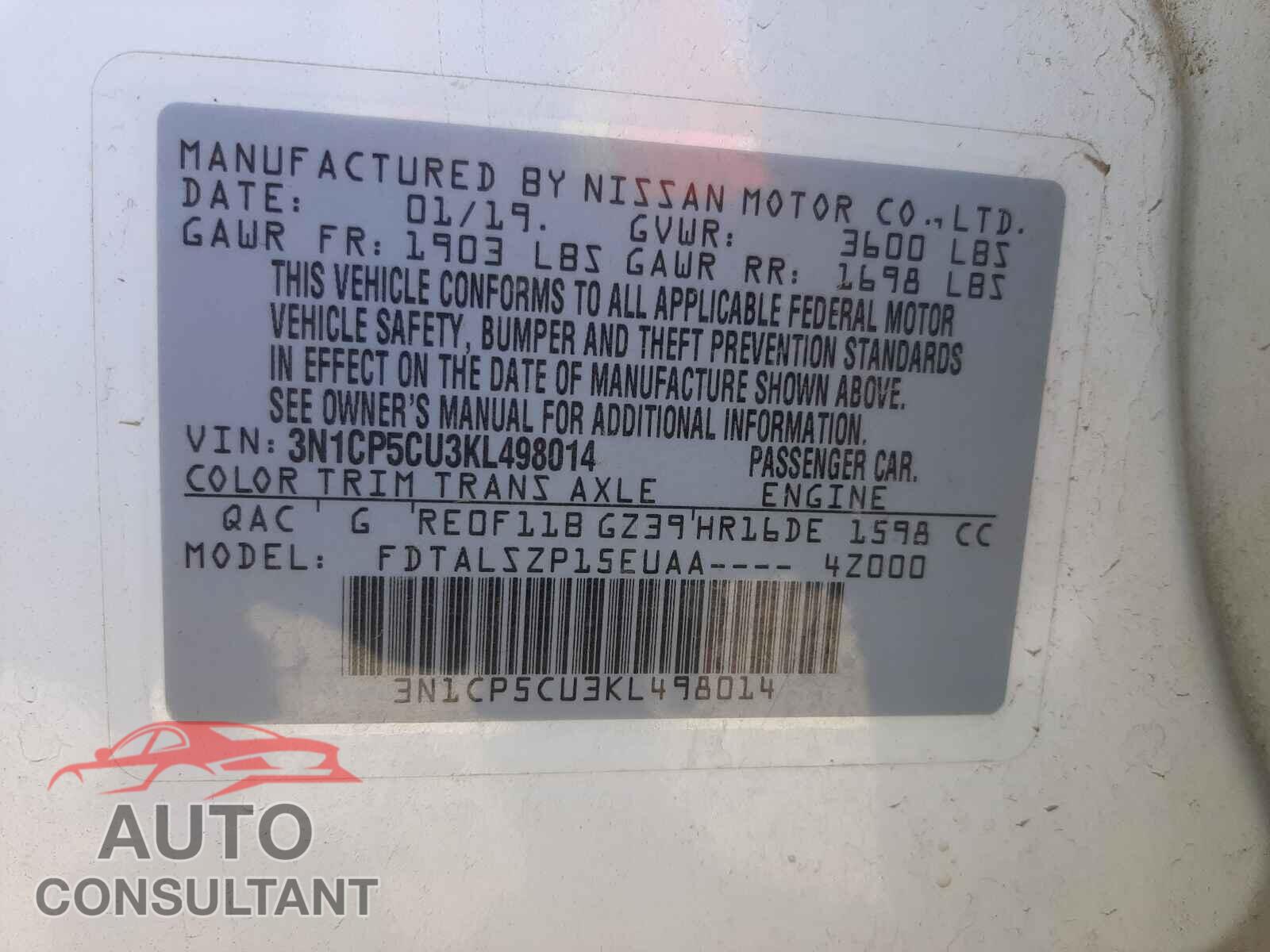 NISSAN KICKS 2019 - 3N1CP5CU3KL498014