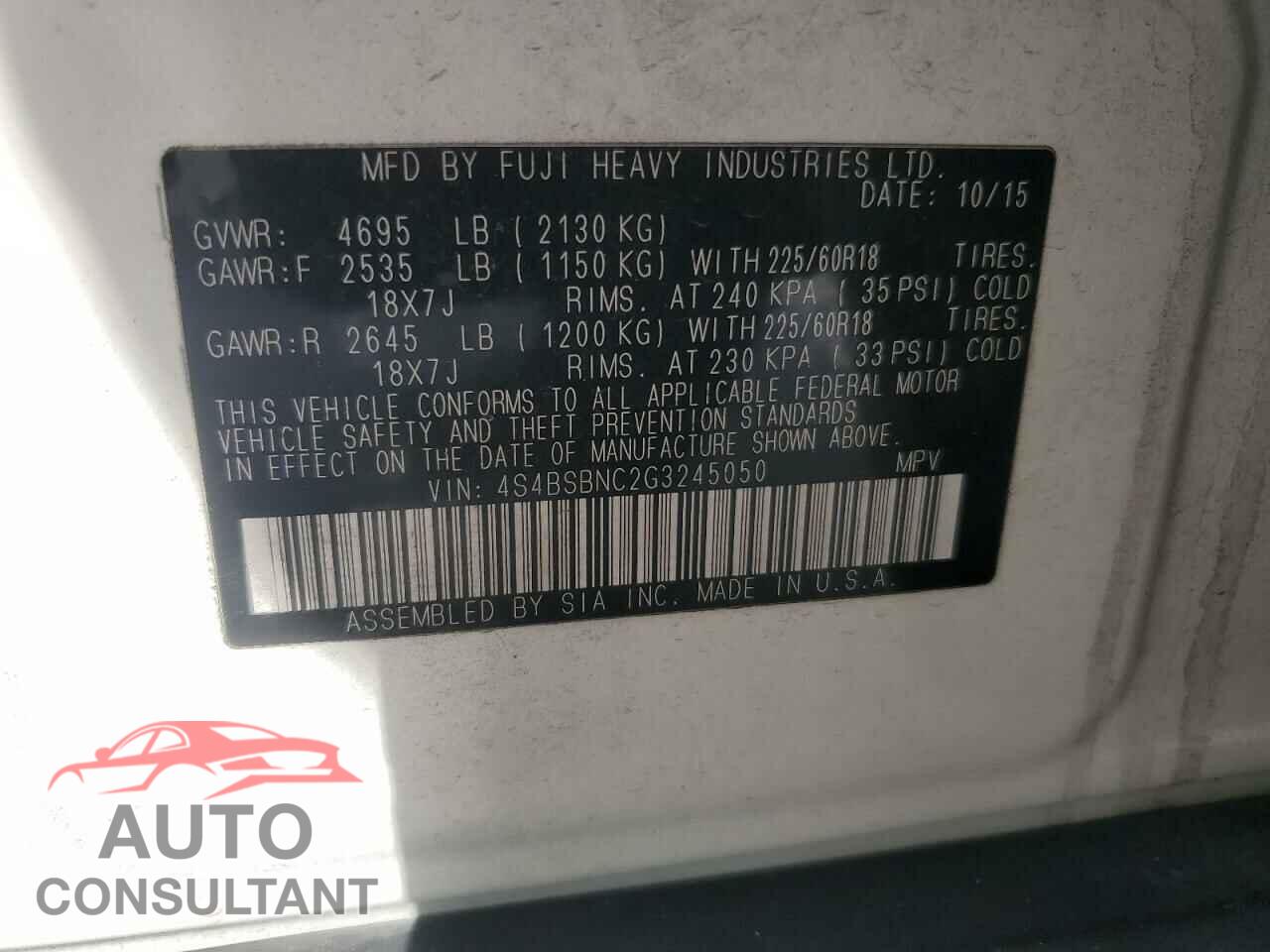 SUBARU OUTBACK 2016 - 4S4BSBNC2G3245050