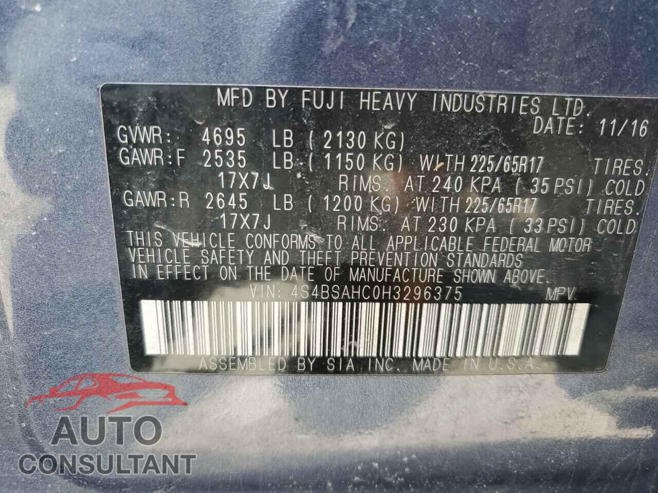 SUBARU OUTBACK 2017 - 4S4BSAHC0H3296375