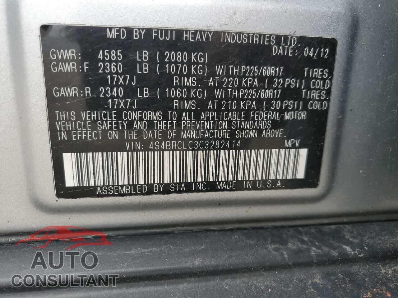 SUBARU OUTBACK 2012 - 4S4BRCLC3C3282414