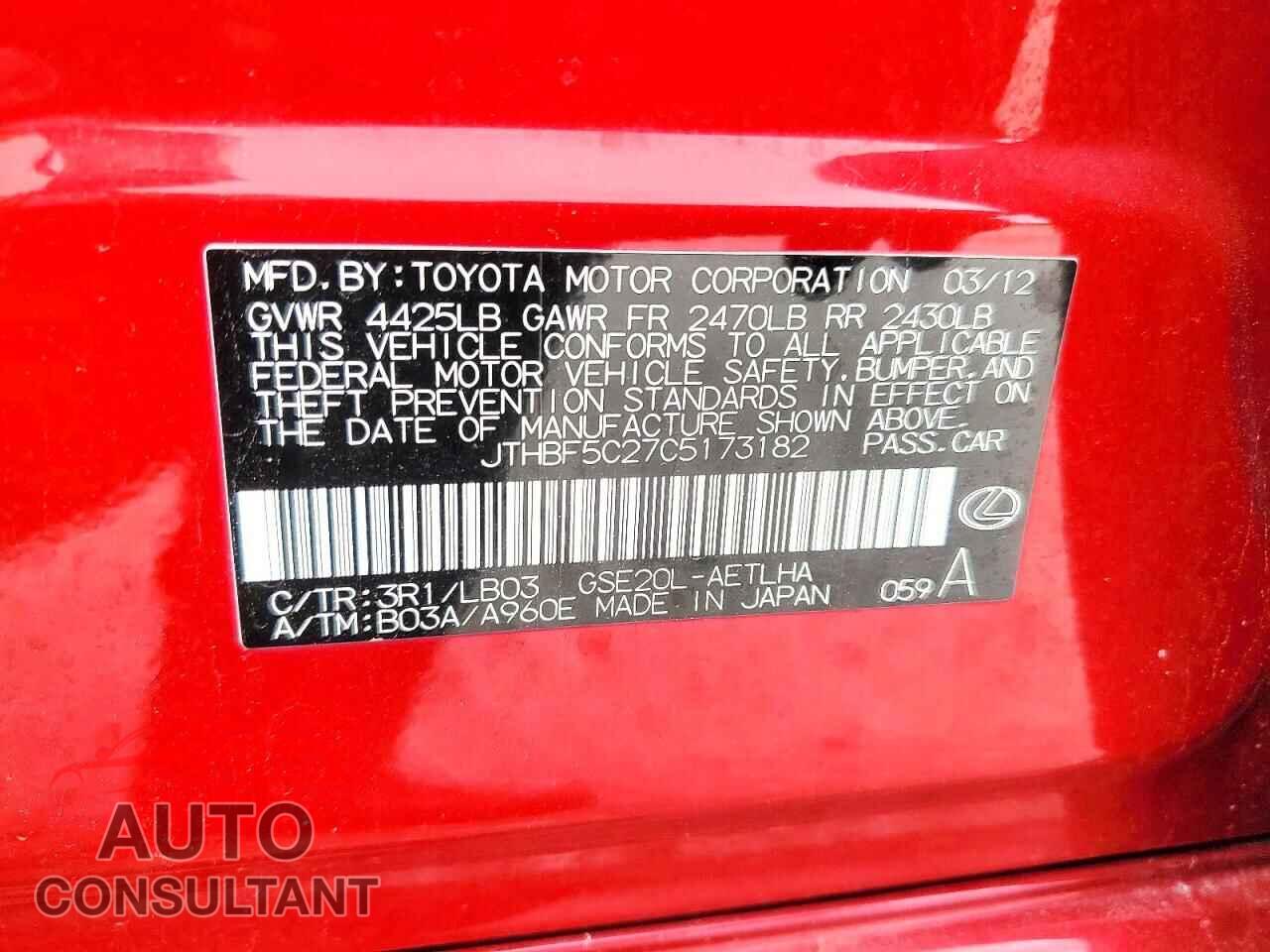 LEXUS IS 2012 - JTHBF5C27C5173182