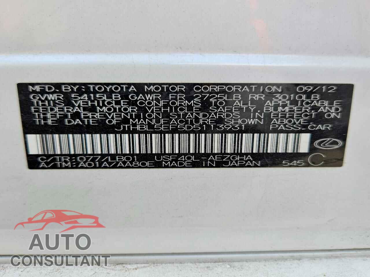 LEXUS LS460 2013 - JTHBL5EF5D5113931