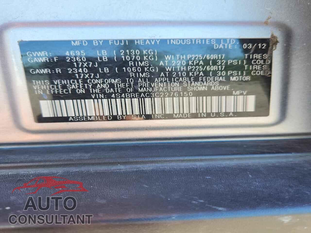 SUBARU OUTBACK 2012 - 4S4BREAC3C2276150