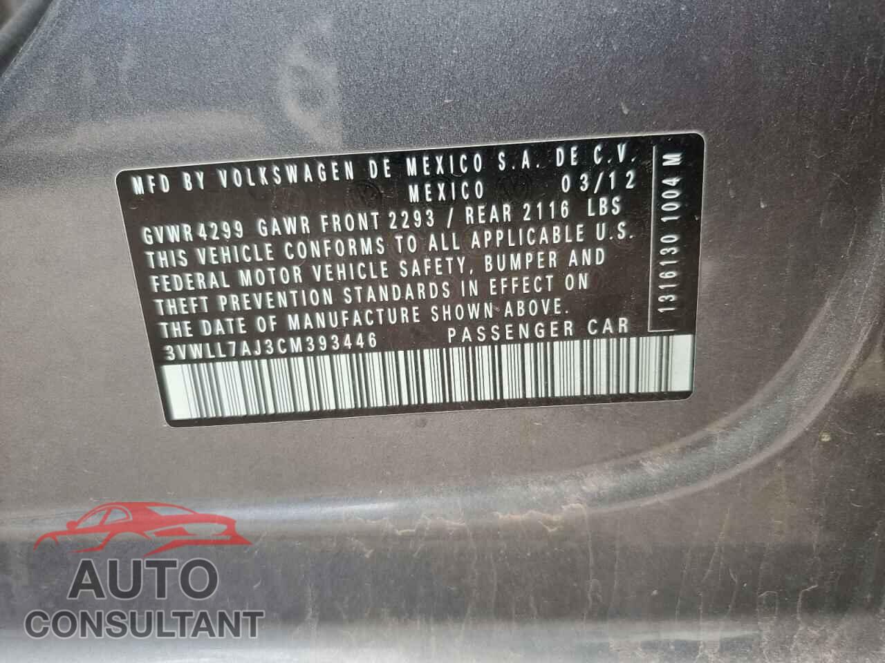 VOLKSWAGEN JETTA 2012 - 3VWLL7AJ3CM393446