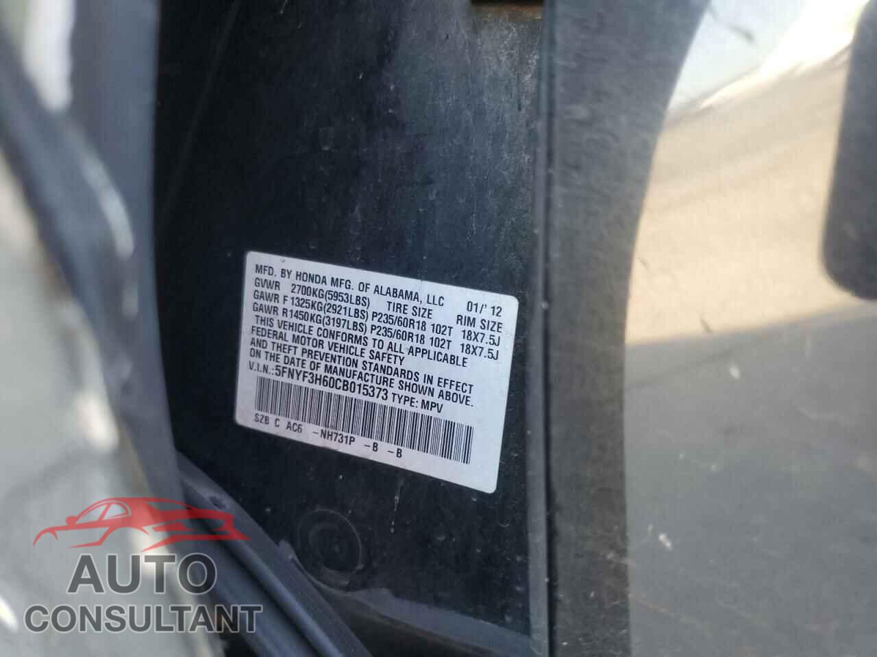 HONDA PILOT 2012 - 5FNYF3H60CB015373