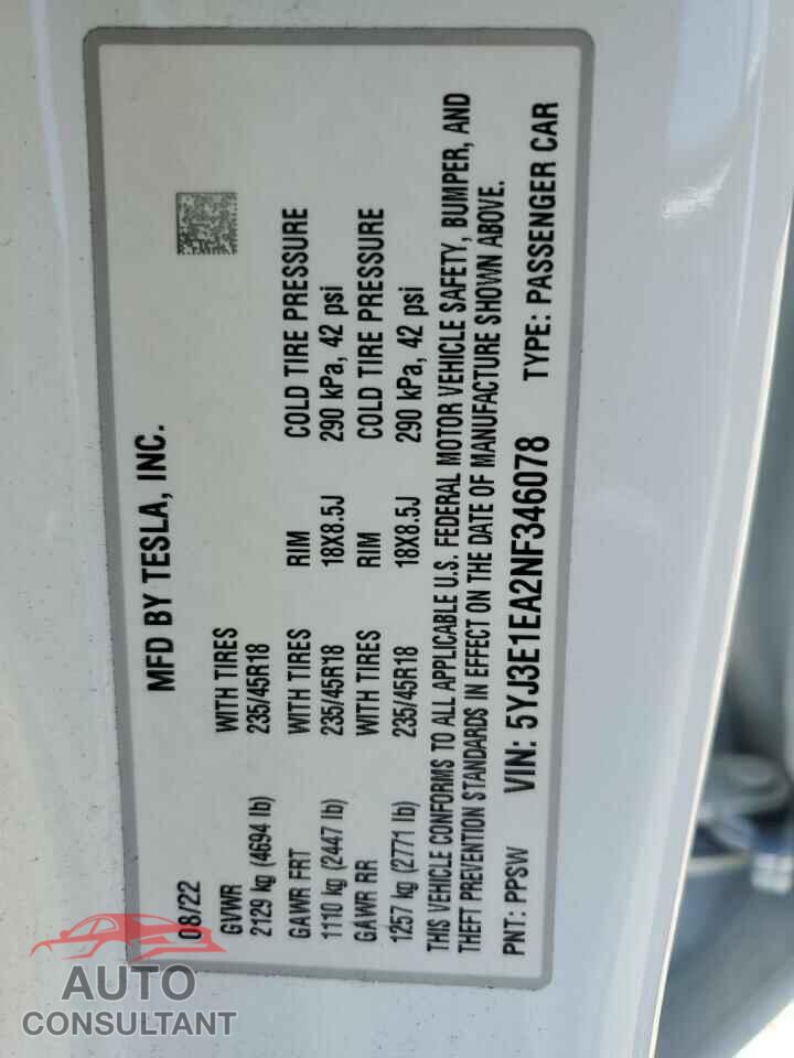 TESLA MODEL 3 2022 - 5YJ3E1EA2NF346078