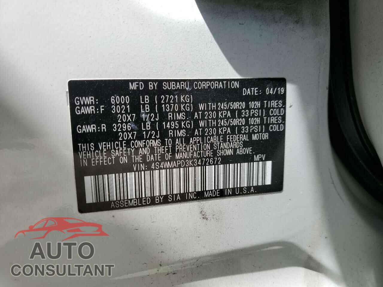 SUBARU ASCENT 2019 - 4S4WMAPD3K3472672